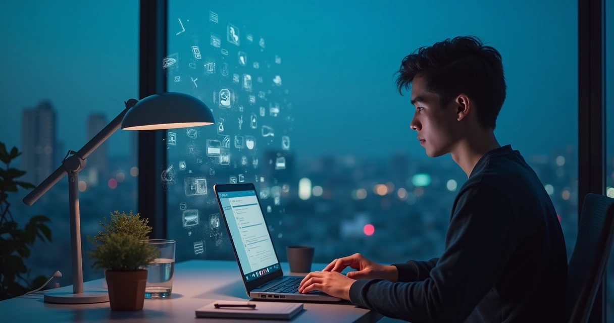 Pessoa usando notebook à noite com ícones digitais e foco em equilíbrio emocional 