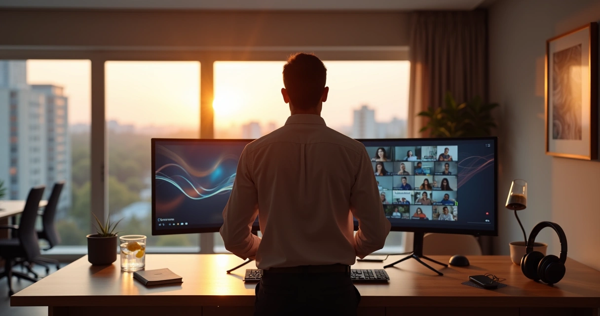 Profissional entre mesa física e tela com sala virtual alinhando rotina e emoções 