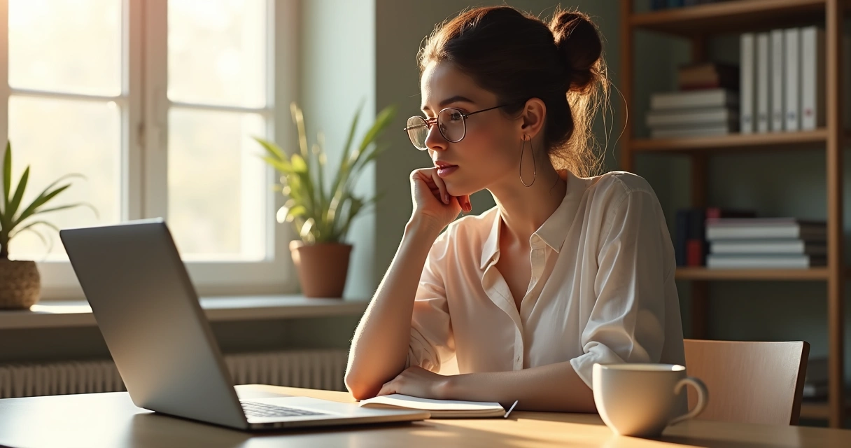 Pessoa pensando diante do notebook, refletindo sobre autogestão emocional 