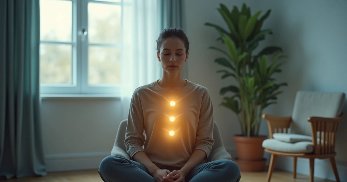 Pessoa em meditação com conexões entre mente coração e ação 