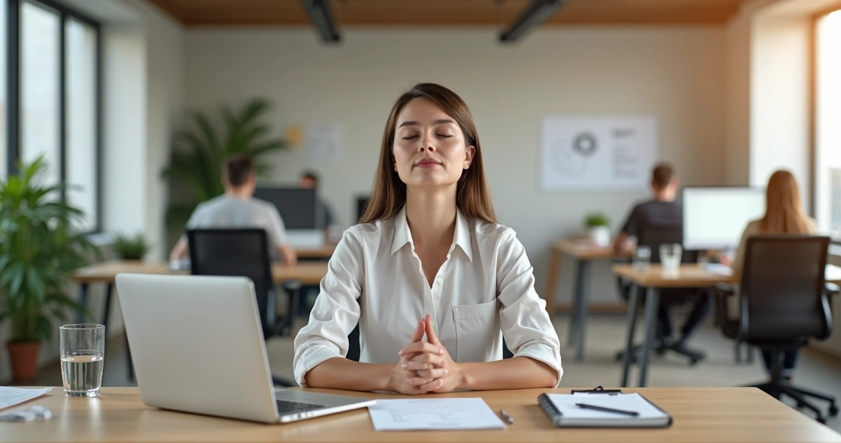 Profissional sentado em mesa de escritório praticando autogestão emocional em ambiente calmo de trabalho 