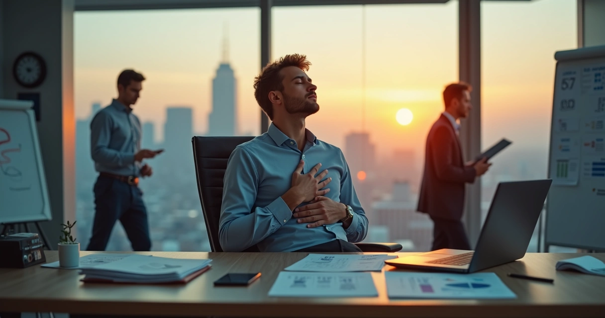 Pessoa sentada em cadeira de escritório praticando autogestão emocional sob pressão 