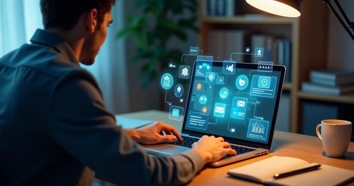 Pessoa usando notebook à noite em ambiente calmo com ícones de redes sociais ao redor da tela 