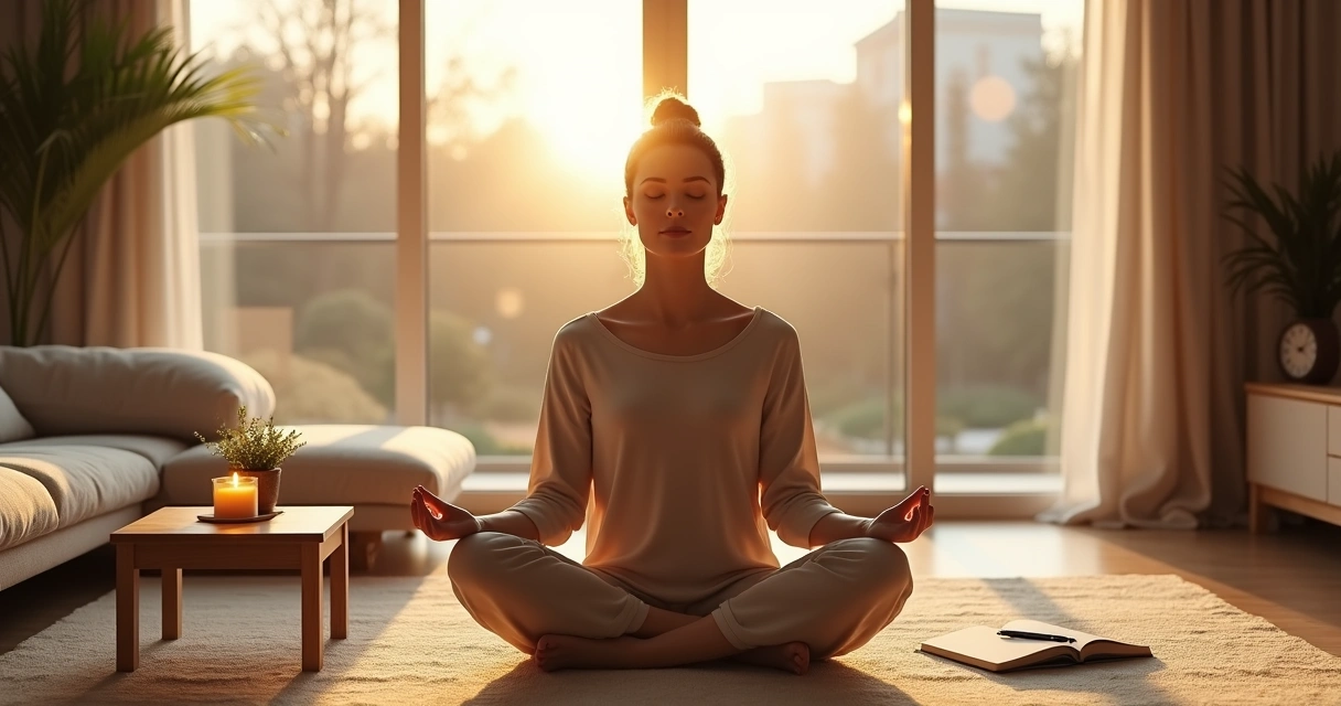 Pessoa meditando em casa integrando rotina e espiritualidade 
