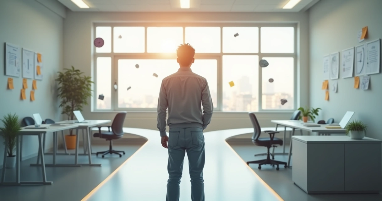 Pessoa refletindo sobre escolhas diante de dois caminhos opostos 