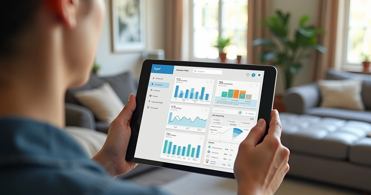Pessoa usando aplicativo de autogestão imobiliária em tablet