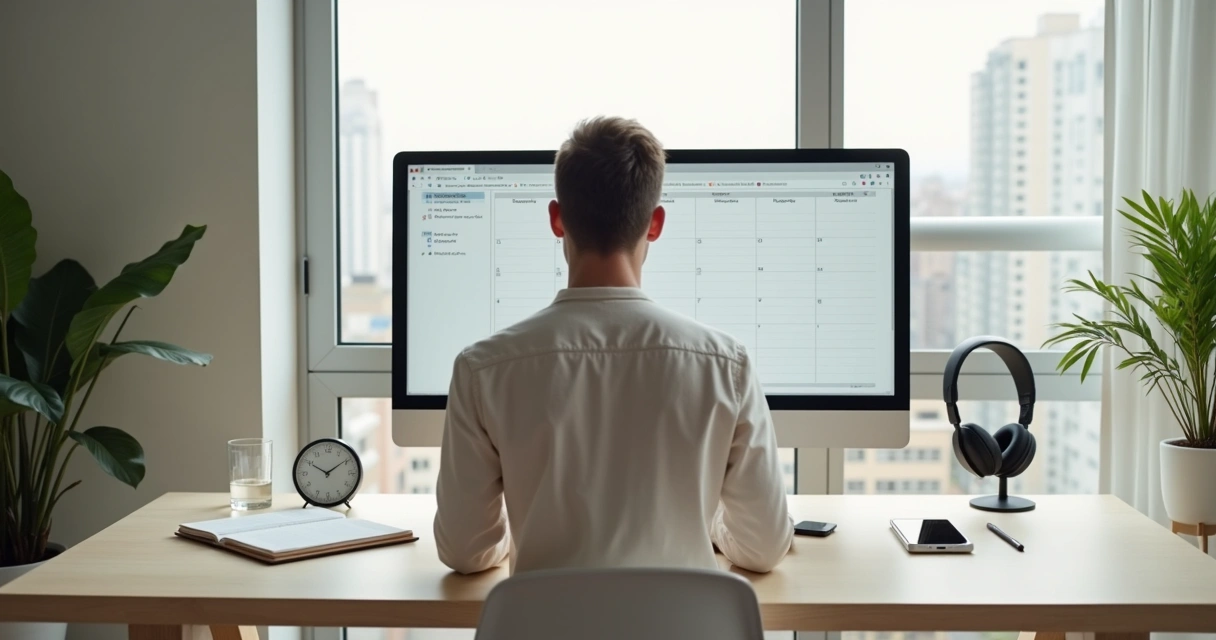 Pessoa organizando rotina diária em mesa de trabalho minimalista 