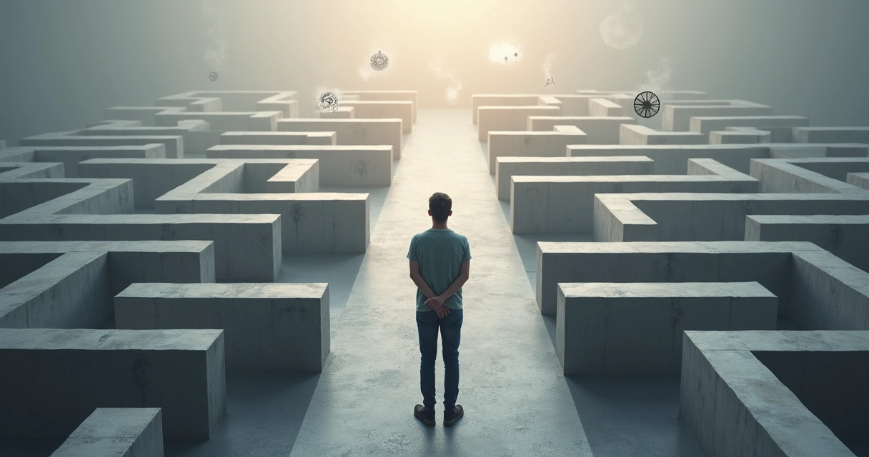 Pessoa refletindo diante de encruzilhada com vários caminhos representando obstáculos internos 