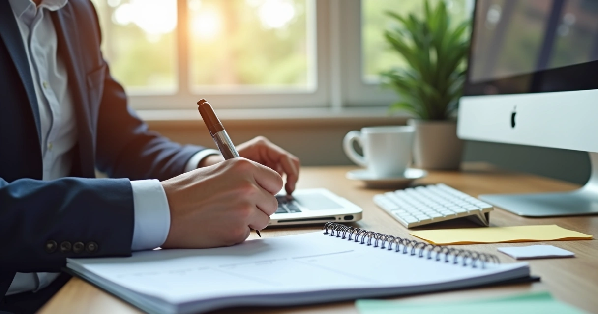 Pessoa em mesa de trabalho com agenda aberta, computador e itens organizados 