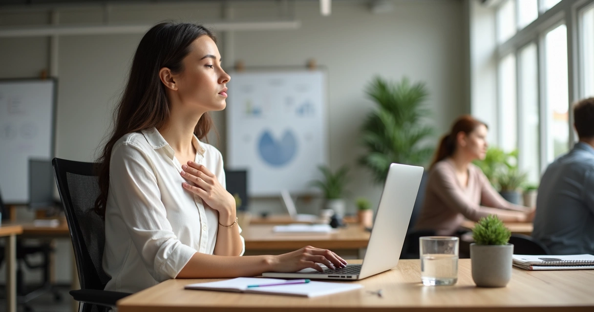 Profesional en oficina practicando autogestión emocional durante su jornada laboral 