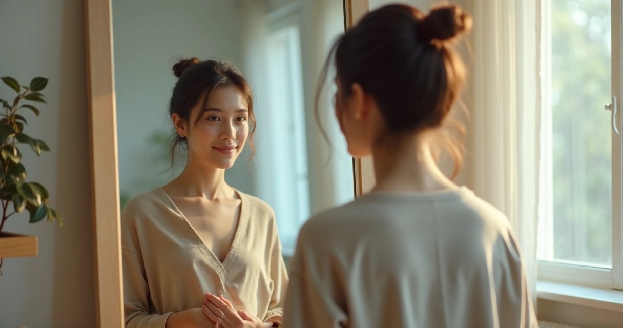 Pessoa olhando o próprio reflexo em um espelho com expressão serena e confiante 