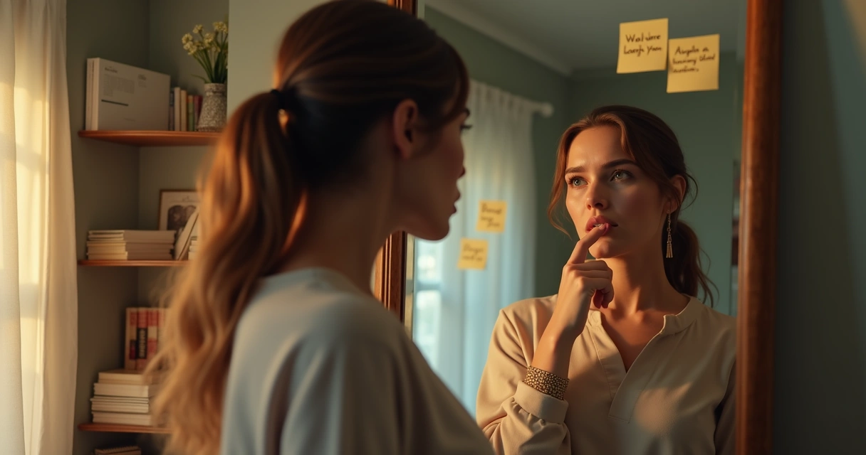Mulher olhando para o espelho, expressão de dúvida e esperança. 