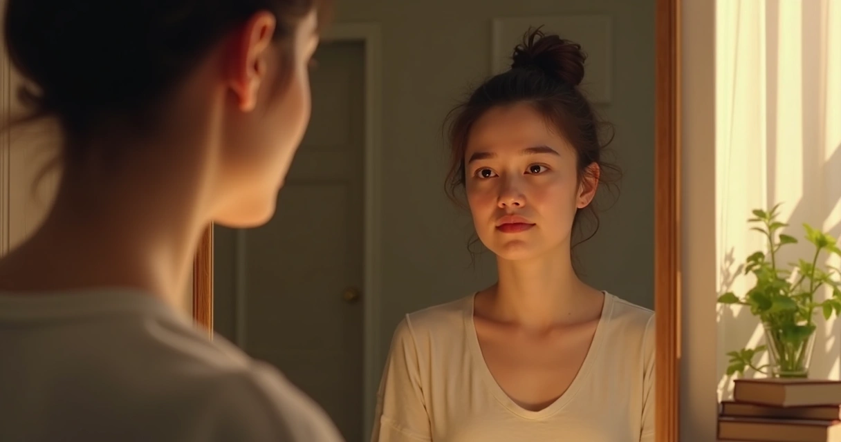 Pessoa olhando para o espelho com expressão serena