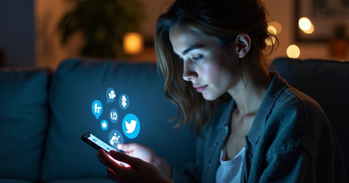 Mulher olhando para o celular sentada em um sofá, tela iluminada com redes sociais 