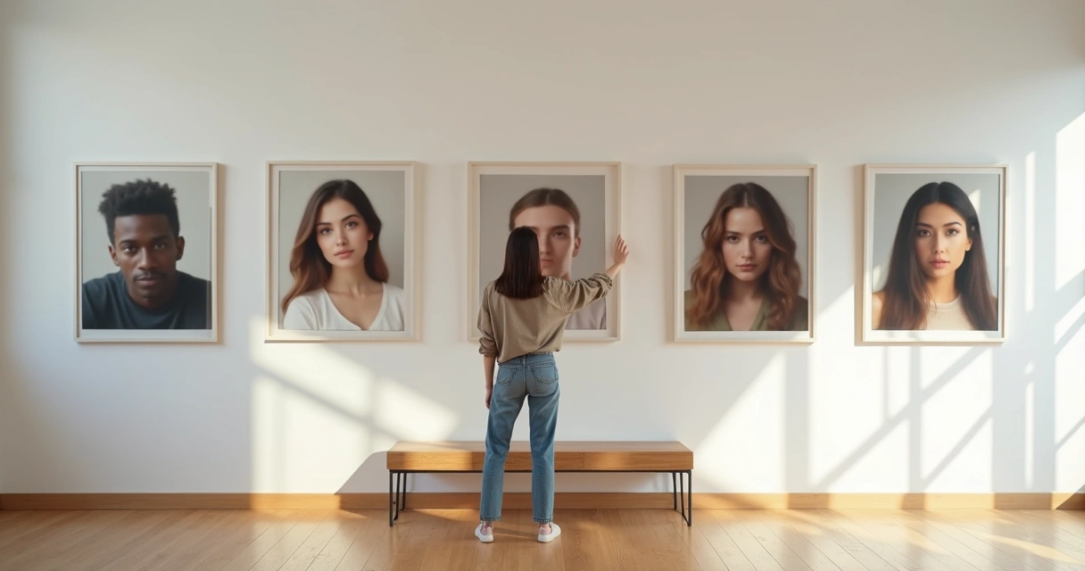 Adulto escolhe retrato equilibrado entre versões distorcidas de si na parede 