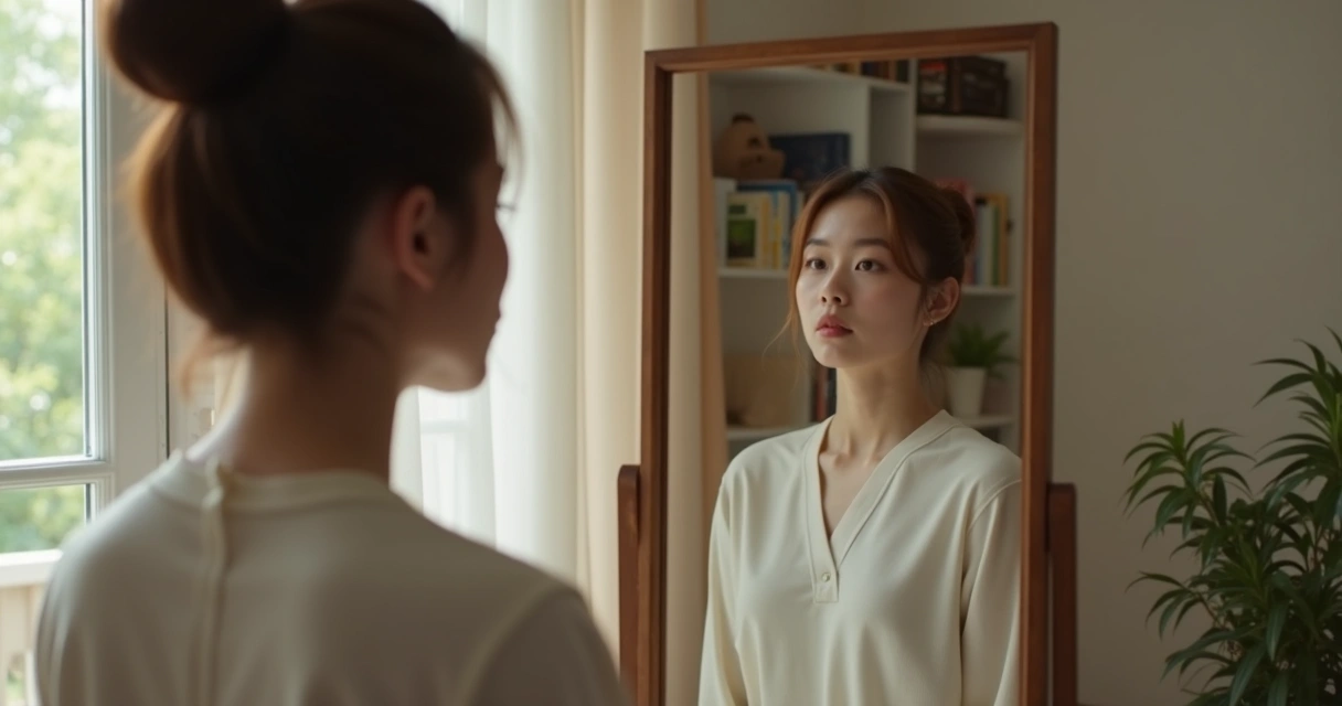 Pessoa olhando para si no espelho com expressão pensativa 