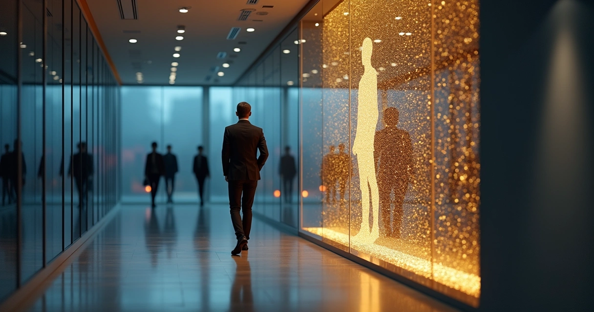Profissional olhando silhueta iluminada em vitrine com reflexo discreto em vidro 