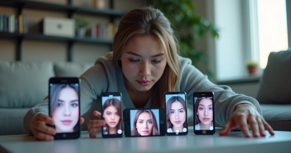 Adulto observando versão distorcida de si mesmo refletida em vários smartphones 