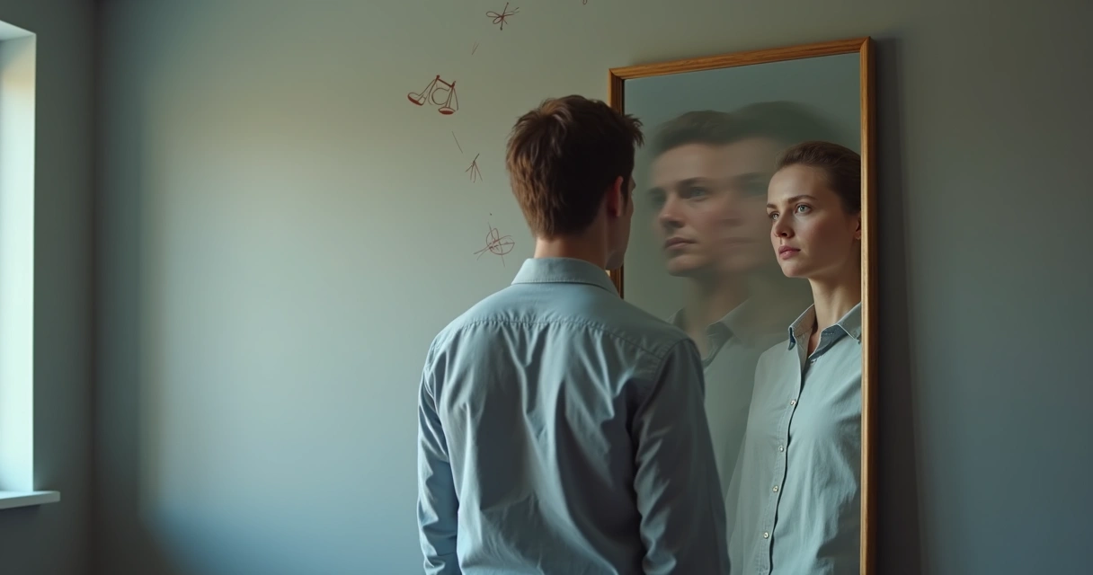 Pessoa olhando o reflexo fragmentado no espelho 