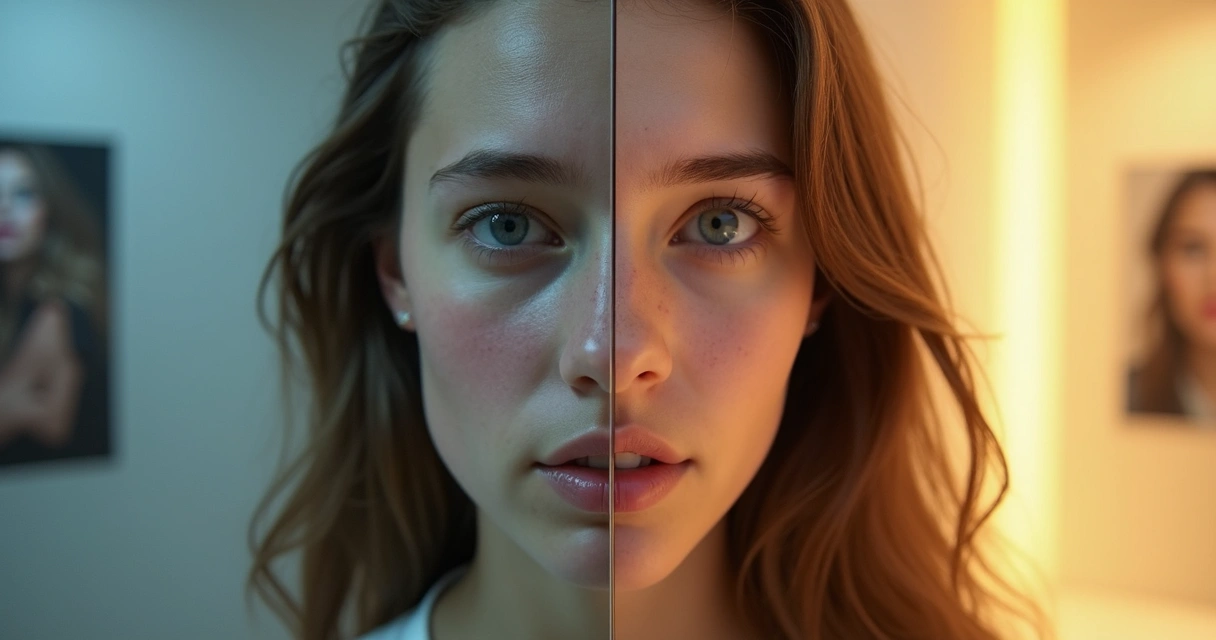 Rostro dividido mostrando imagen distorsionada y autoconcepto seguro 