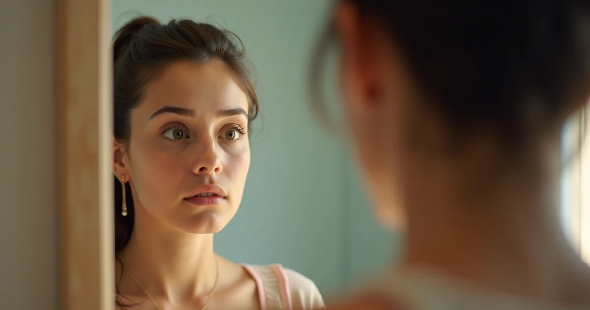 Persona adulta mirándose pensativo en el espejo