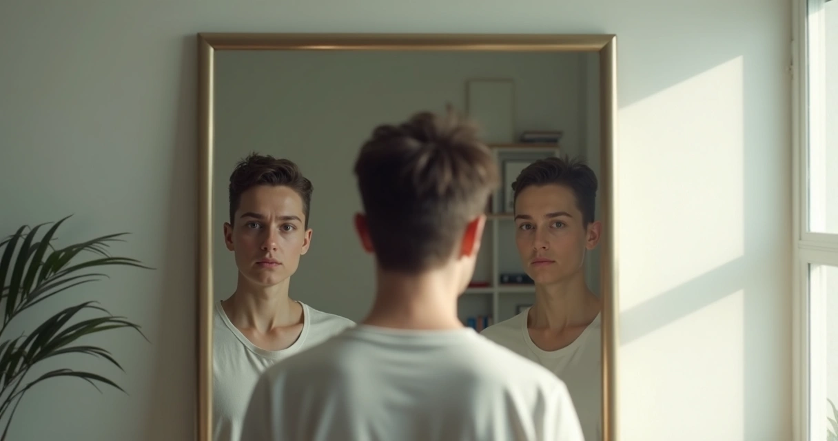 Persona frente a un espejo viendo varios reflejos de sí misma superpuestos 