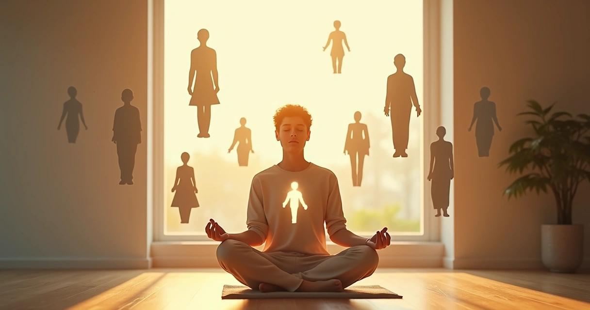 Persona sentada meditando con siluetas fragmentadas que se integran en torno a ella 