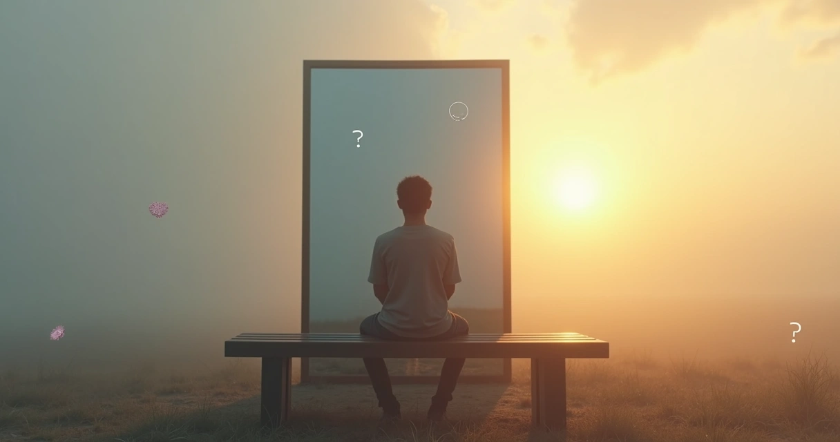 Pessoa refletindo diante de espelho em paisagem dividida entre clareza e neblina 