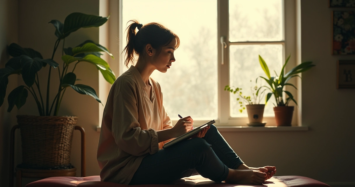 Mujer sentada en calma reflexionando en una libreta 
