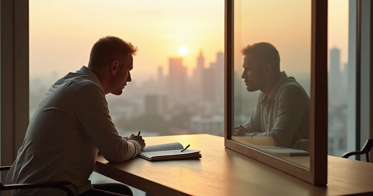 Persona reflexionando frente a su propio reflejo dividido en un entorno sereno 