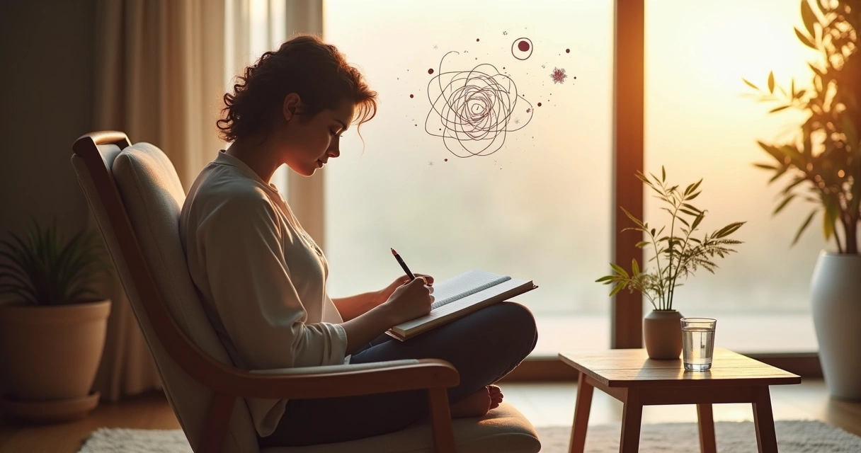 Persona sentada en silencio frente a una ventana grande escribiendo en un cuaderno 
