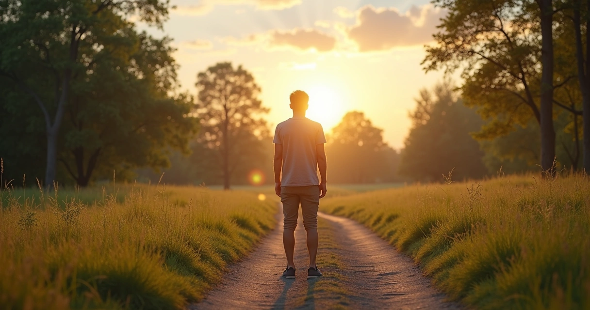 Persona reflexionando frente a dos caminos en un paisaje sereno 