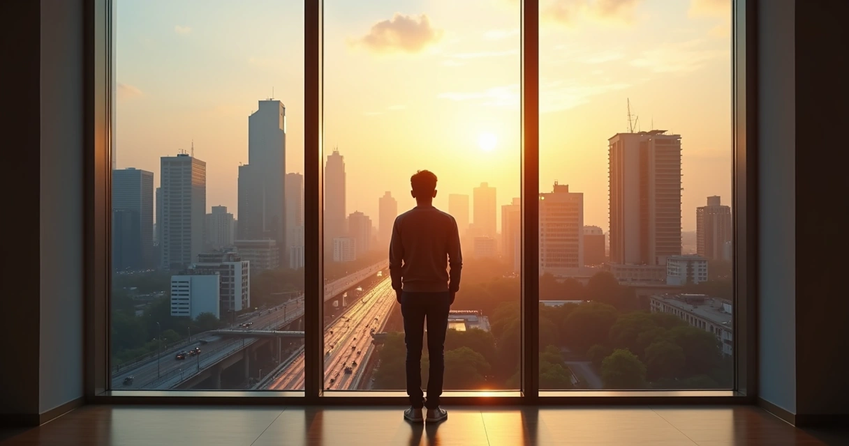 Persona observando múltiples versiones de su ciudad a través de grandes ventanas 