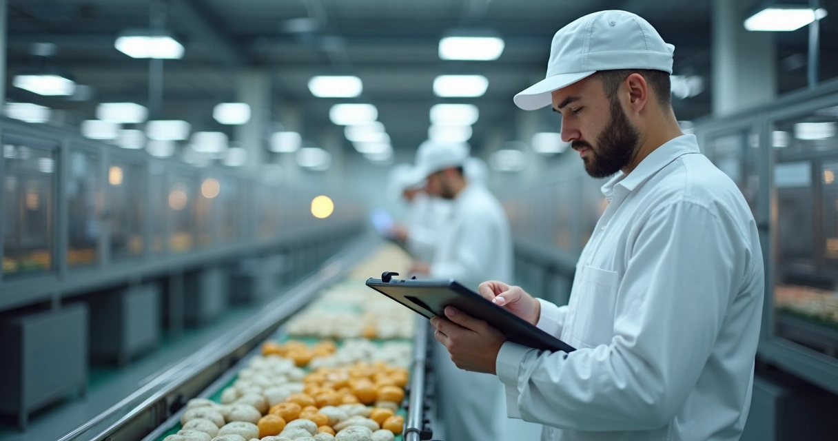 Gestor realizando autoinspeção em linha de produção de alimentos 