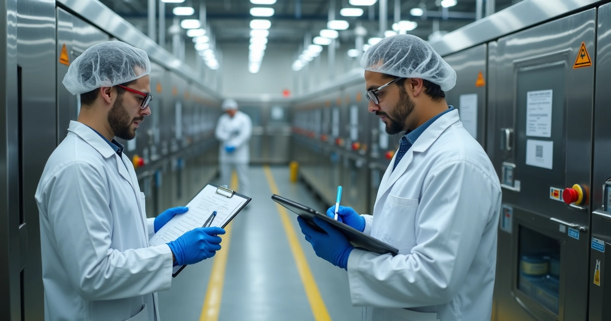 Equipe fazendo autoinspeção com checklist em fábrica de alimentos 