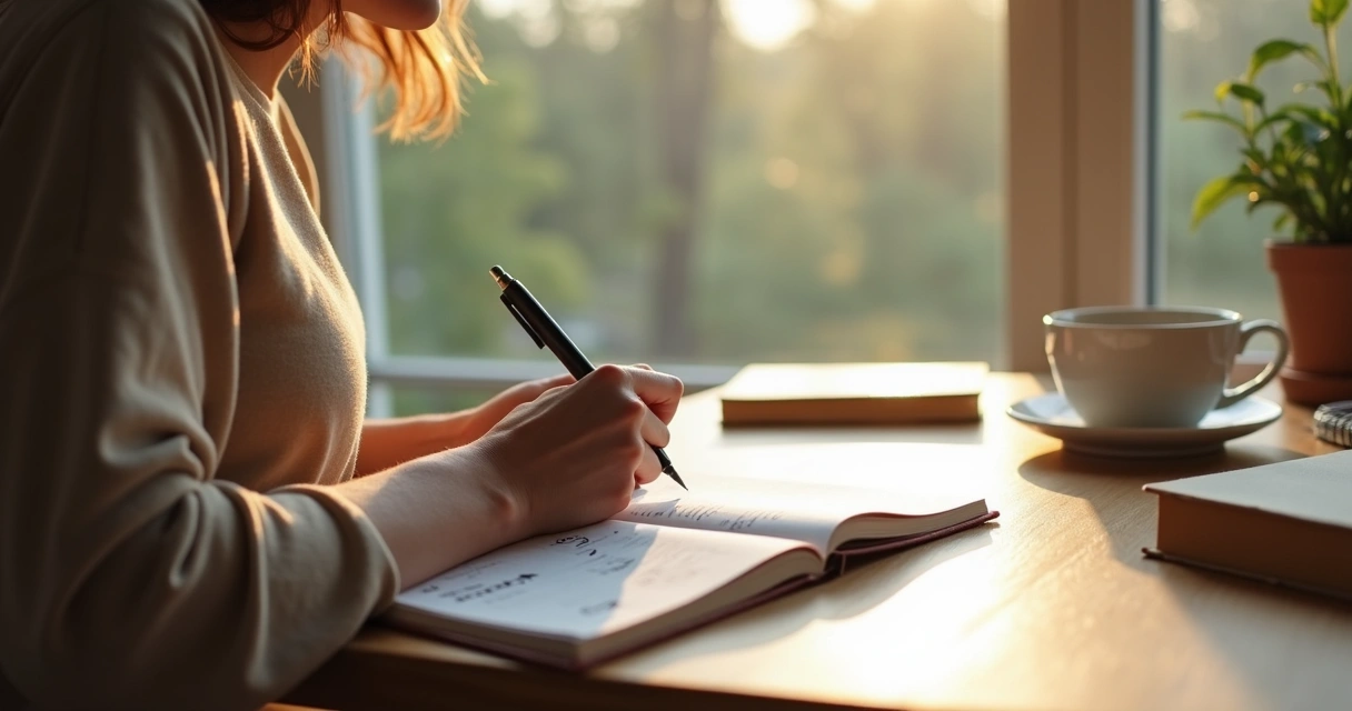 Pessoa escrevendo reflexões em caderno diante de janela com luz suave 