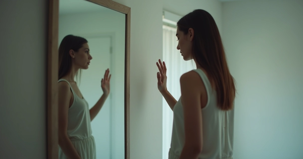 Persona mirando su reflejo en un espejo con expresión introspectiva 