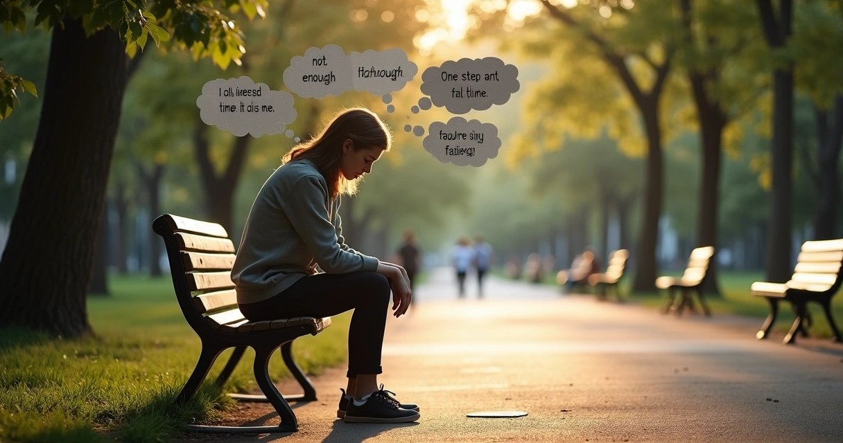 Pessoa em banco de praça cercada por balões de pensamento com críticas e acolhimento 