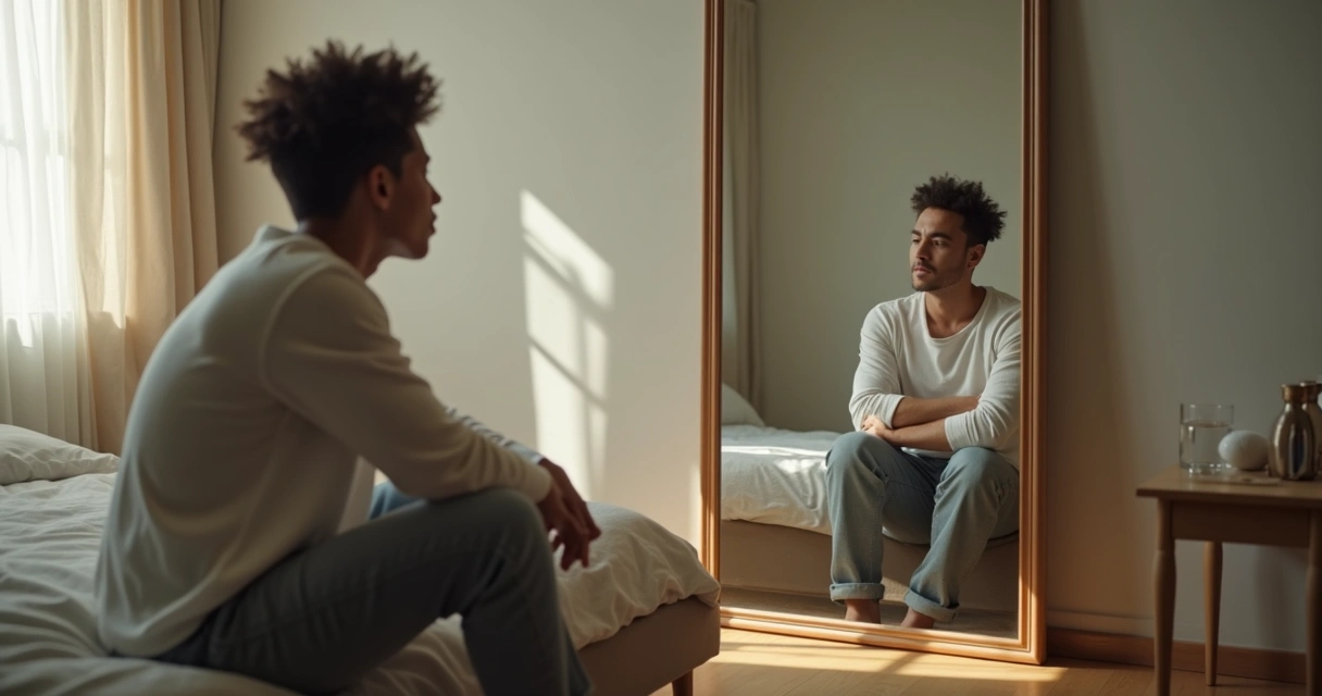 Pessoa sentada pensativa em frente ao espelho vendo várias versões de si mesma 