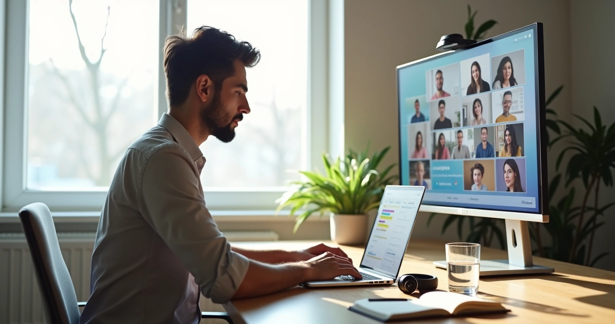 Profissional trabalhando em ambiente híbrido com mesa física e tela cheia de colegas em videoconferência 