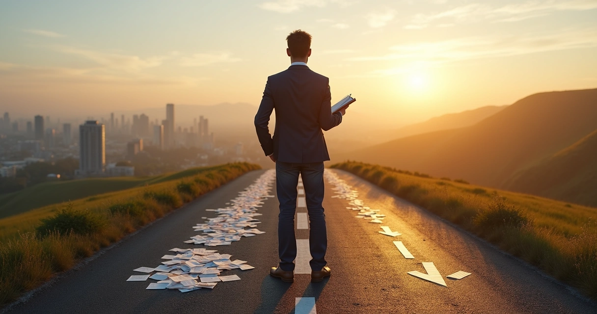 Pessoa em encruzilhada avaliando diferentes caminhos de autoliderança 