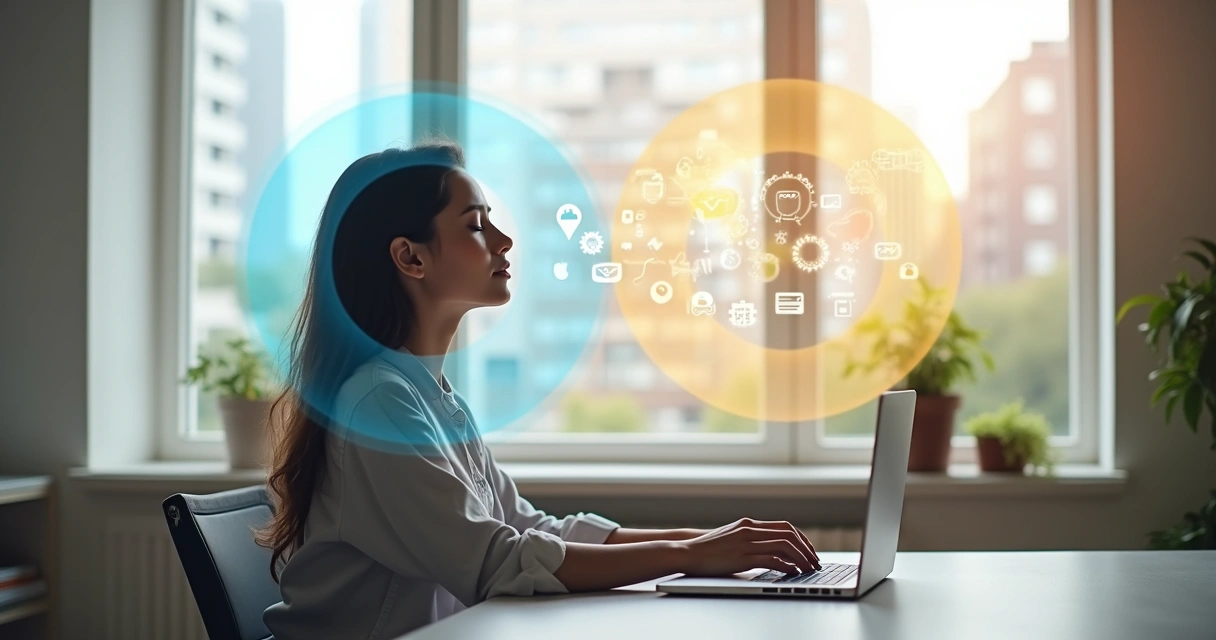 Pessoa em postura de meditação com círculos de atenção ao redor da cabeça 