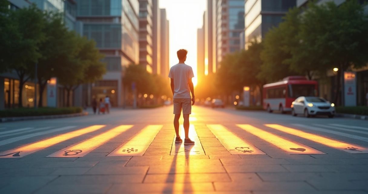Pessoa refletindo diante de cinco caminhos diferentes em cenário urbano ao amanhecer 