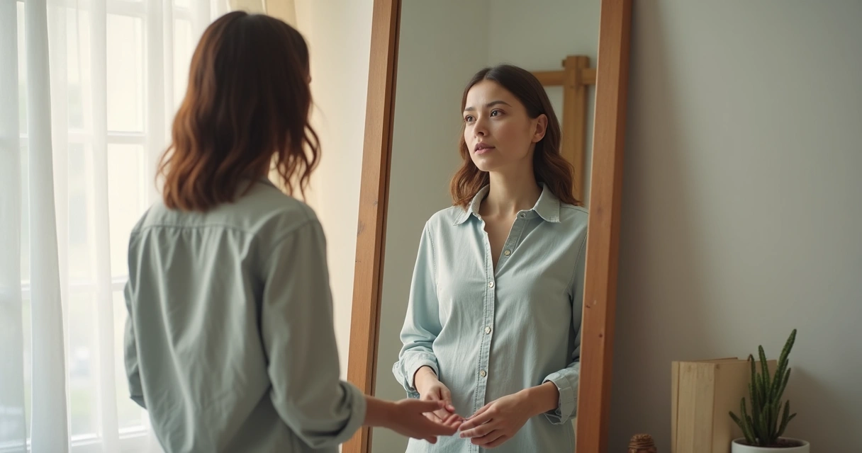 Pessoa com expressão reflexiva olhando para si mesma em espelho. 