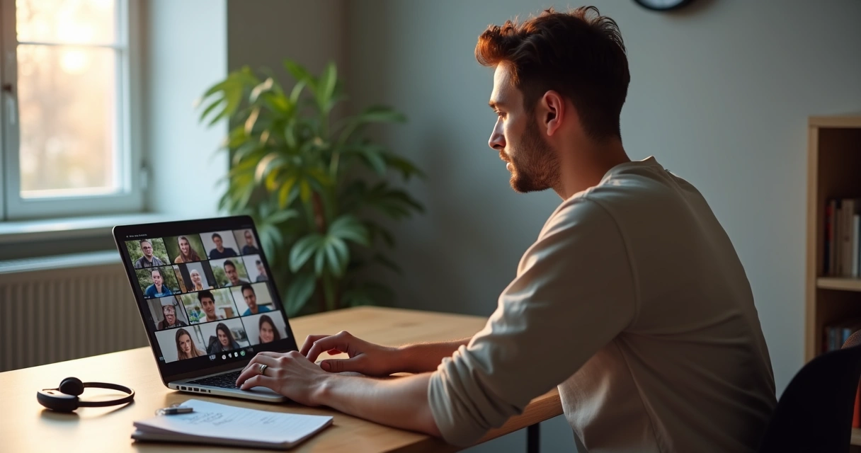 Profissional focado liderando equipe remota em mesa organizada com notebook 