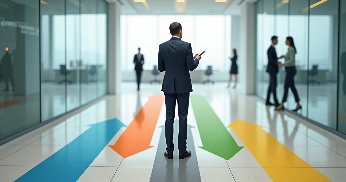 Líder refletindo diante de vários caminhos em um ambiente corporativo 