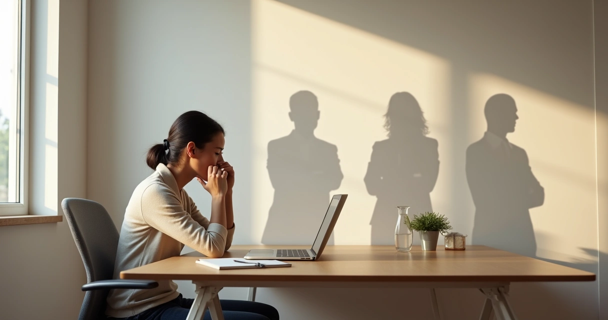 Profissional em reflexão diante de parede com sombras representando conflitos internos 