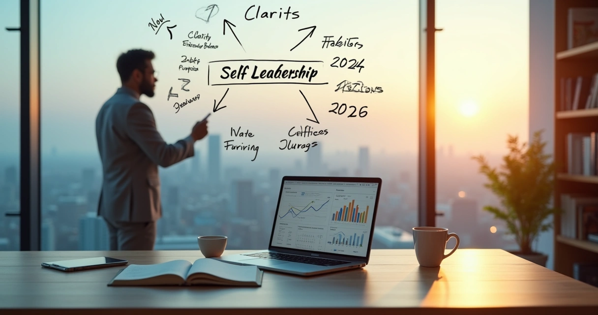 Pessoa planejando metas de autoliderança em um quadro em um escritório moderno 