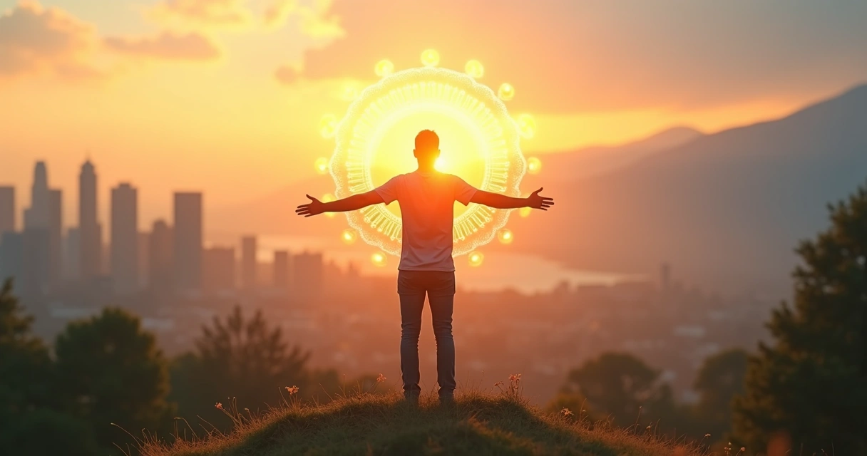 Pessoa em pé entre cidade e natureza segurando luz no peito 