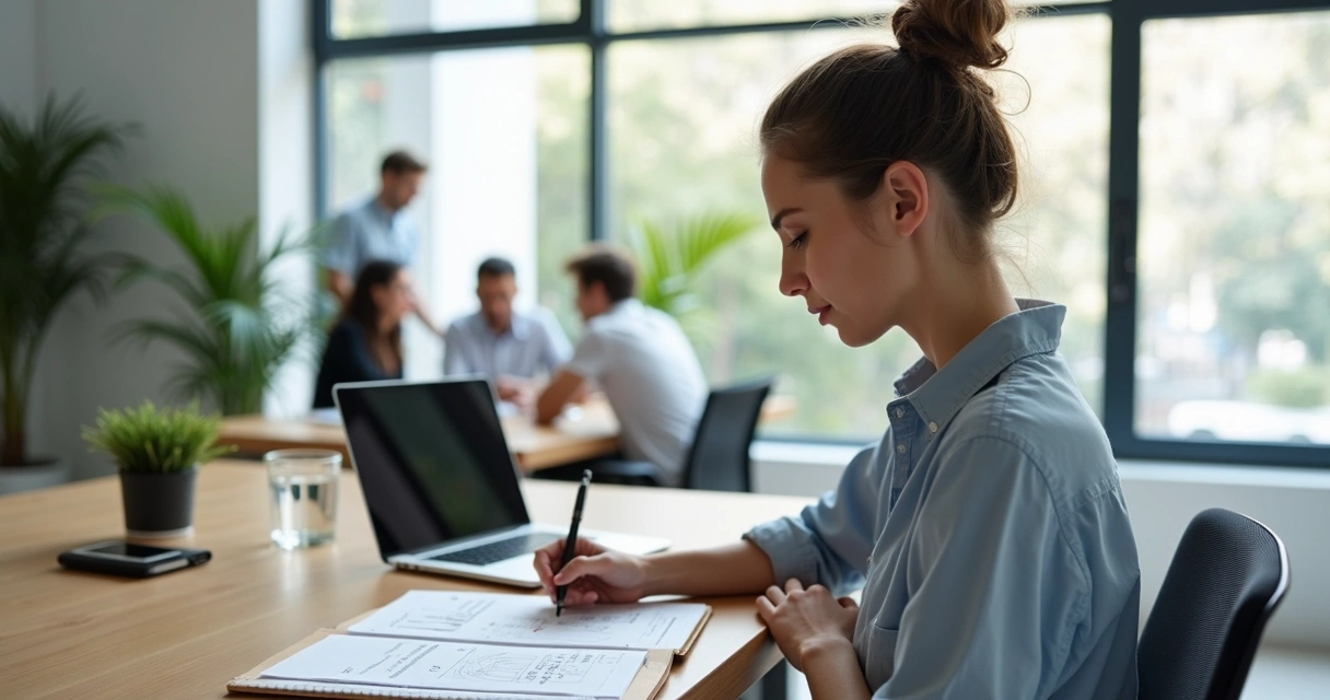 Profissional refletindo diante da janela em escritório moderno com caderno aberto e anotações de metas 